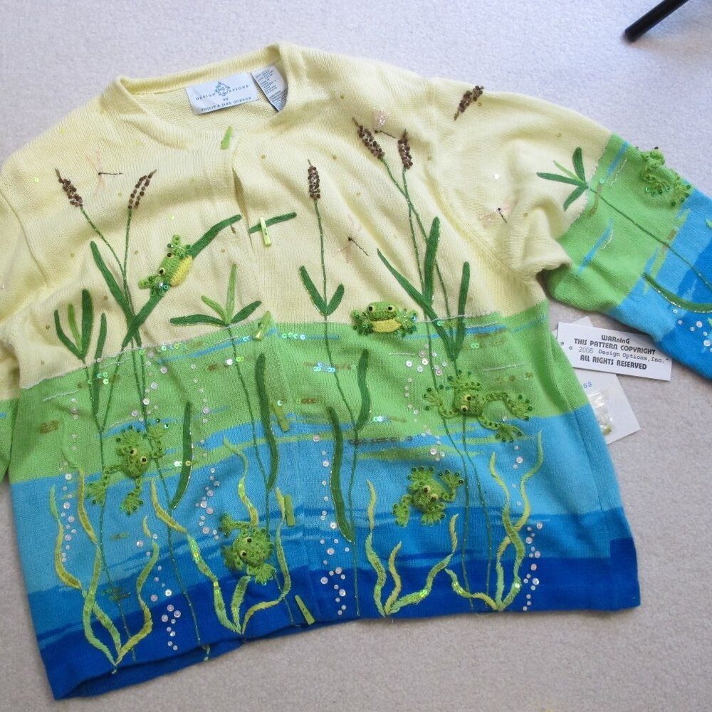Yellow Cardigan with 3d frogs!  XL